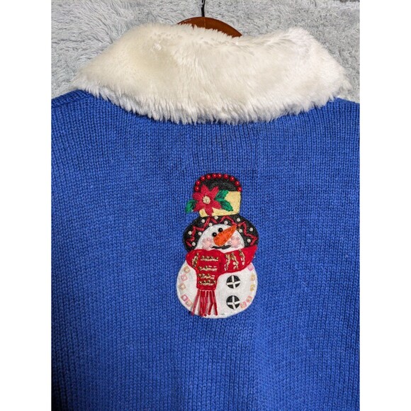 Heirloom Collections Blue Snowman Cardigan Sweater Faux Fur Collar Size Large - Picture 8 of 9